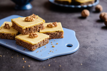 Delicious walnut cake with egg yolk glaze