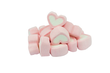 Pink heart shaped marshmallows isolated on white