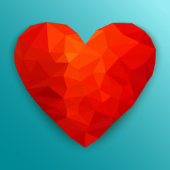 Red heart. Happy Valentine's Day greeting card. Geometric rumpled triangular polygonal origami style. Low poly design. Vector illustration on white background.