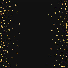 Sparse gold confetti. Scattered frame on black background. Vector illustration.