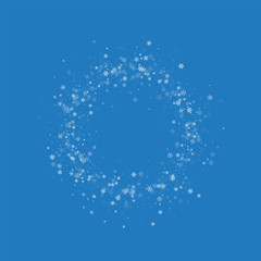 Beautiful snowfall. Small ring frame on blue background. Vector illustration.