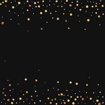 Sparse Gold Confetti. Scattered Border On Black Background. Vector Illustration.