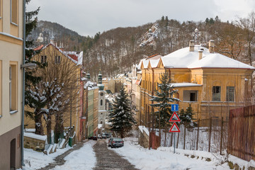 Small narrow street of town Karlovy Vary