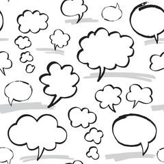 Seamless pattern with speech bubbles and thought clouds. Black and white colors. Hand drawn by felt pen vector repeating background.