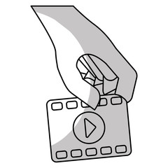 hand with video player with play button over white background. entertainment and technology design. vector illustration
