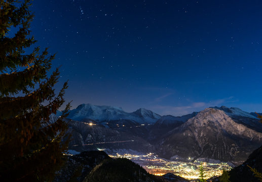 Swiss Alps mountain city Brig by night, taken during ski holiday in Swiss Chalet