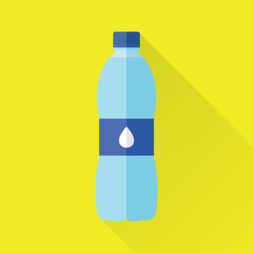 Plastic bottle of fresh water icon in flat style isolated on yellow background. Stylized vector eps8 illustration.