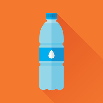 Plastic bottle of fresh water icon in flat style isolated on orange background. Stylized vector eps8 illustration.