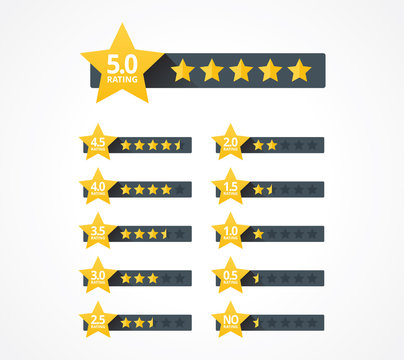 Set of stars rating design elements. Kit of star shapes for ranking interface. Voting symbols from zero to five points. Vector illustration in flat style.