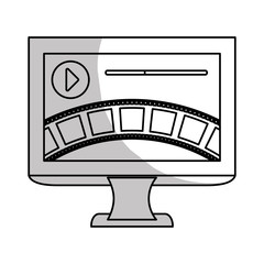 monitor computer with video player button on screen over white background. entertainment and technology design. vector illustration