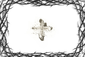 Cross made of ashes, Lent season background with crown of thorns