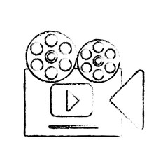 old movie film camera with video player icon over white background. entertainment and technology design. vector illustration