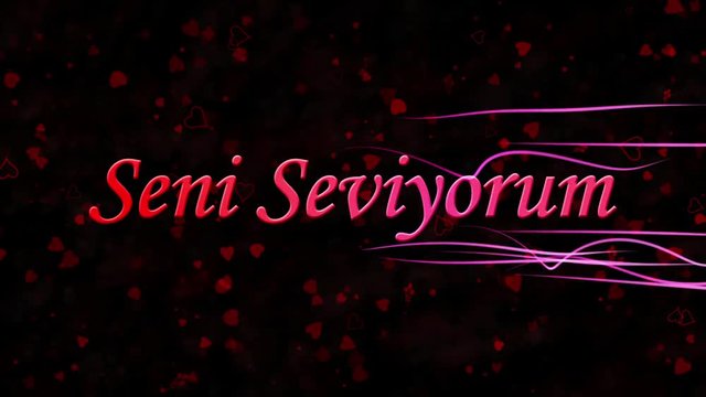 "I Love You" text in Turkish "Seni Seviyorum" formed from dust and turns to dust horizontally with moving stripes on black animated background
