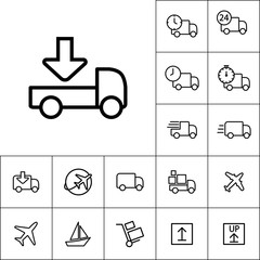 thin line delivery truck icon on white background, transportatio