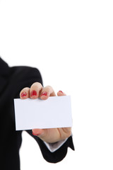 Woman hand giving business card in office