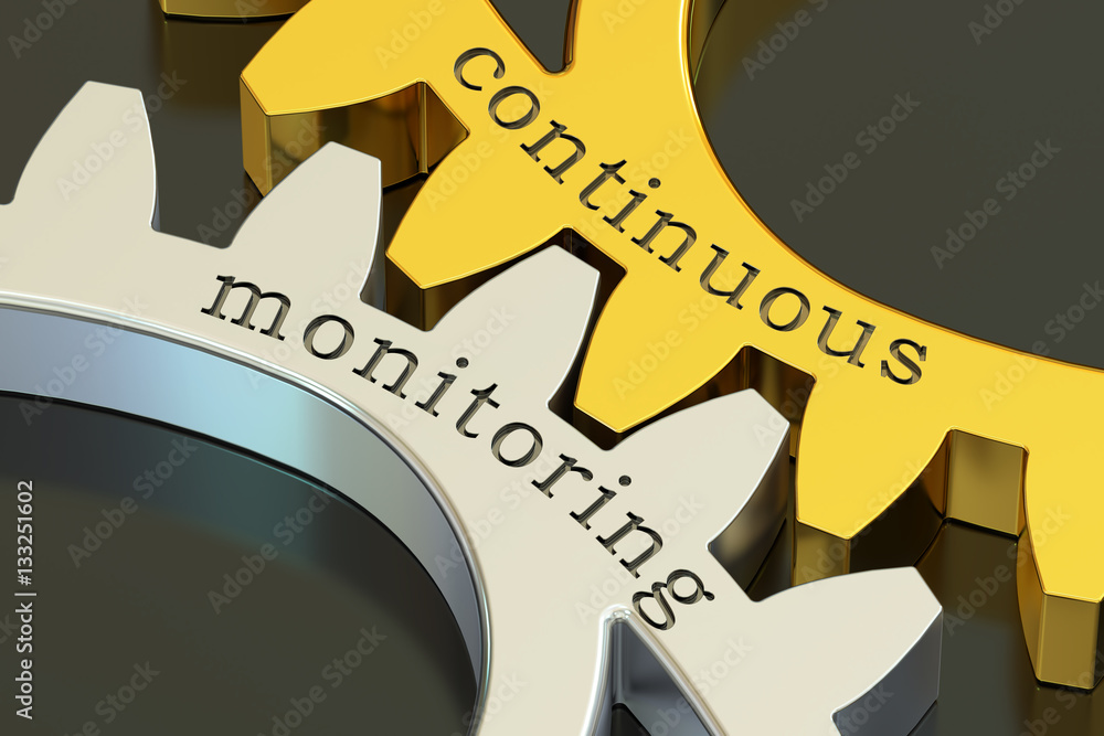 Poster continuous monitoring concept on the gearwheels, 3d rendering
