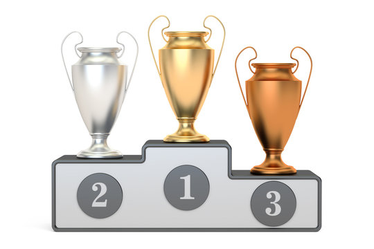 Golden, silver and bronze trophy cups on pedestal, 3D rendering