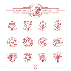 Vector Illustration of Happy Chinese New Year Icons Set. Modern Linear Style.