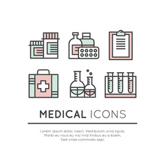 Vector Icon Style Illustration Set of Medical and Healthcare Research  Items, Insurance, MRI, Scan, Check-Up Forms, Blood Testing. Isolated Objects for Medical Poster