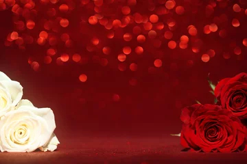 Foto op Aluminium Beautiful red and white roses on sparkling red background © Leigh Prather