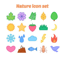 Nature icon set with outline, flat environmental vector icons