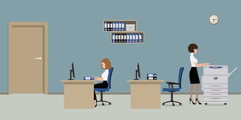 Office room in a blue color. The young women are employees at work. There is beige furniture, two chairs, a copy machine in the picture. Vector flat illustration