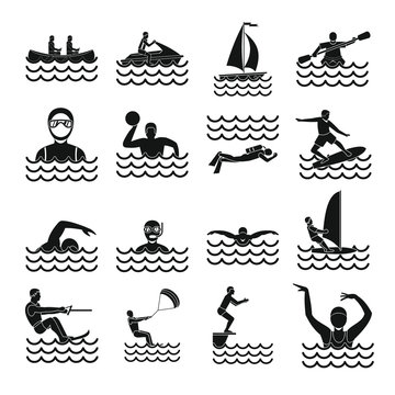 Water sport icons set, simple style