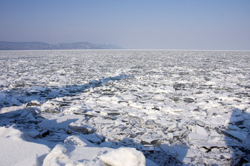 Lake Balaton in Hungary covered with floes during an icy winter.