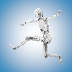 springender humanoider Roboter auf blauem Hintergrund 