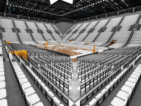 3D render of beautiful sports arena for basketball with floodlights and white seats