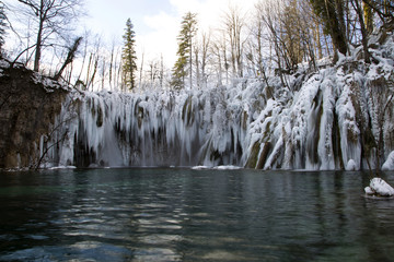 Frozen Plitvice lakes - national park in Croatia