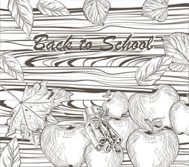 Vector Back to school linear illustration of  scholar theme on textured wood board. Autumn Apples and maple leaves. Hand drawn sketch. Engraving technique style
