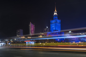 Palace of Culture in Warsaw at night time.