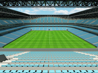 Naklejka premium 3D render piłki nożnej o dużej pojemności - stadion piłkarski z otwartym dachem i błękitnymi miejscami