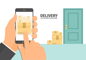 Fast delivery flat isometric vector concept. Fast shipping to the door of your house.