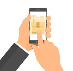 Hand hold smartphone, finger touch sign in delivery button. Mobile account. Modern concept for web banners, web sites. Creative flat design vector illustration