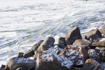 Lake Balaton in Hungary covered with floes during an icy winter.