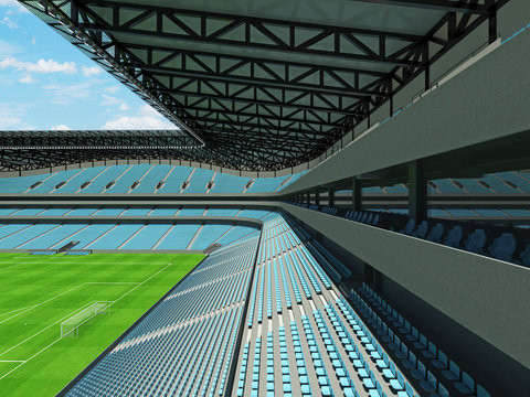 3D render of a large capacity soccer - football Stadium with an open roof and sky blue seats