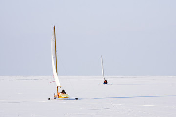 Ice sailing on Lake Balaton in Hungary during a very cold winter.