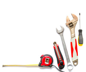 Many Tools on white background. top view