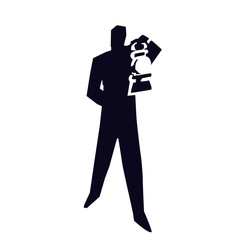 Silhouette of a man holding a lantern or search light.
