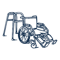Line drawing of a metal walker and a wheel chair.
