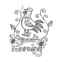 Hand drawn  illustration of cock  with text 