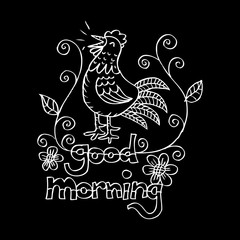 Hand drawn  illustration of cock  with text 