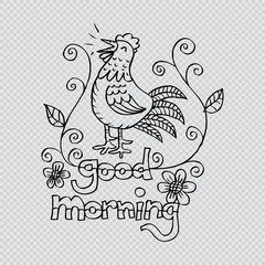 Hand drawn  illustration of cock  with text 