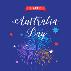Happy Australia Day 26th January poster with fireworks, stars and ribbon. Holiday vector illustration. For Advertising, Traveling, Promotion, Celebration.
