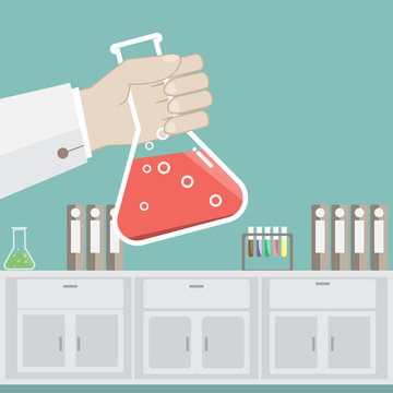 Cartoon hand scientist holding a flask tube in a white lab coat performing an experiment