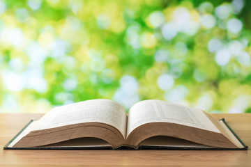 open book with green tree bokeh background