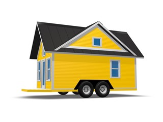 3D Rendered Illustration of a tiny house on a trailer.  House is isolated on a white background.