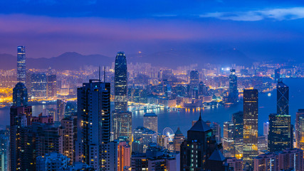 Panorama view before sunrise on Hong Kong Peak, Hong Kong